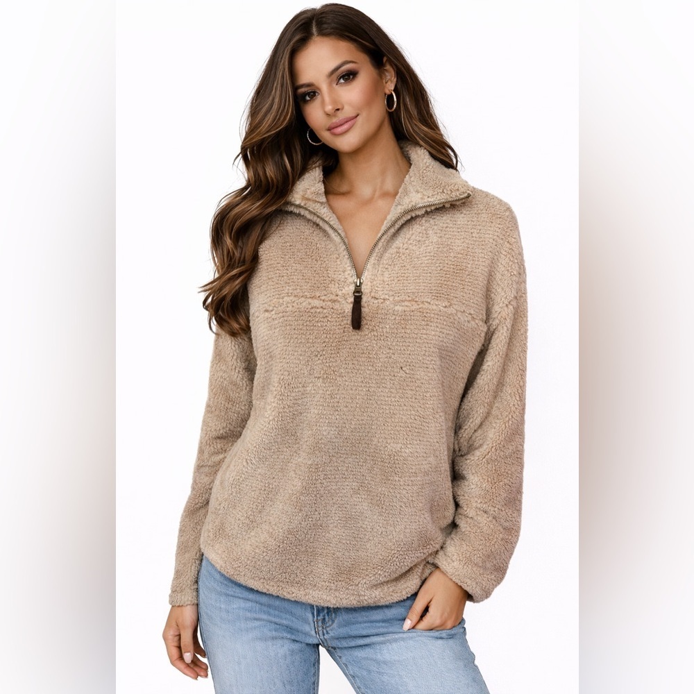 Cal Style USA Tan Brown Fleece Pullover Jacket Women’s Size Medium Soft